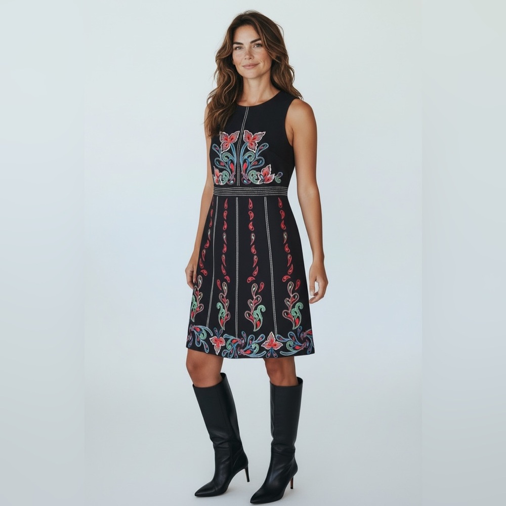 Maeve Black Dress with Colorful Floral Embroidery